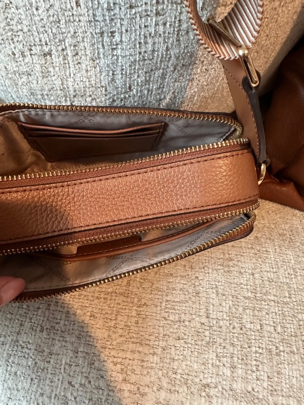 Michael Kors Bryant Brown Pebbled Leather Double Zip Chain Crossbody Bag